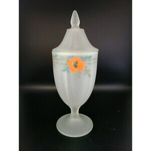 Vintage Frosted Satin Glass Lidded Candy Dish Jar Reverse Painted Floral